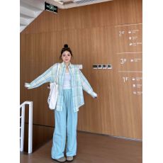 批发韩系穿搭今年流行的漂亮衬衫独特别致慵懒风格子<b class='q'>防晒衫</b>polo领上衣