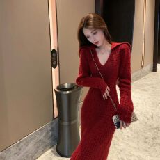 批发【圣诞红过年红】针织<b class='q'>连衣裙</b>秋冬<b class='q'>小香风</b>修身打底内搭过年毛衣长裙