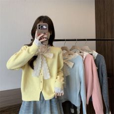 批发奶呼呼蓝色蝴蝶结针织衫<b class='q'>女装</b>春秋季内搭打底衫独特别致超好看上衣