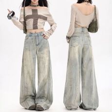 批发复古水洗做旧泼墨牛仔裤男女潮牌美式街头情侣宽松休闲裤子