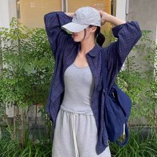 批发日系气质复古深蓝色纯棉<b class='q'>格子衬衫</b>女早秋2025新款冷淡系高级感上衣