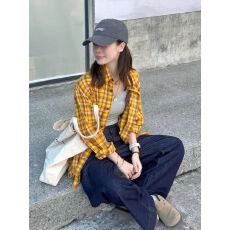 批发春秋新款复古chic黄<b class='q'>格子衬衫</b>外套女oversize宽松垂坠感慵懒风衬衣
