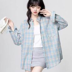 批发韩系穿搭今年流行的漂亮衬衫独特别致慵懒风格子<b class='q'>防晒衫</b>polo领上衣