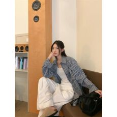 批发格纹<b class='q'>格子衬衫</b>外搭女秋季新款小众韩系百搭宽松慵懒风衬衣外套