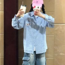 批发腊肠狗刺绣<b class='q'>格子衬衫</b>女2025春秋时尚情侣宽松百搭小众叠穿上衣外套