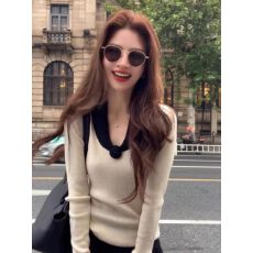 批发包心纱）小香风撞色V领针织衫秋冬款时尚气质修身内搭羊毛打底衫