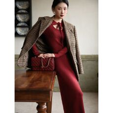 批发圣诞红过年红】针织<b class='q'>连衣裙</b>女新年红色赫本别致<b class='q'>长裙</b>显瘦a字打底裙