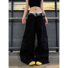 批发美式复古黑色铆钉工装牛仔裤女春秋款高街设计感宽松垂感阔腿裤子