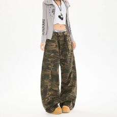 批发【实拍】迷彩阔腿弯刀牛仔裤男女秋季新款高街复古裤子宽松<b class='q'>长裤</b>