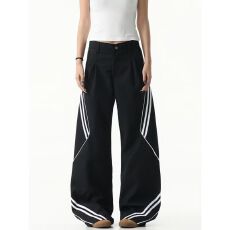 批发黑色美式休闲卫裤女秋冬季新款斜杠条纹运动裤子直筒阔腿情侣长裤