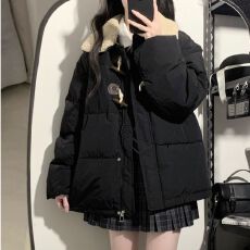 可拆卸羊羔毛短款新款羽绒棉服女学院风牛角扣宽松时尚