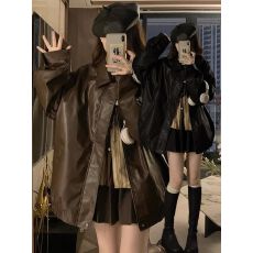 批发2025新款春<b class='q'>秋</b>季拉链翻领pu皮衣外套女短款宽松显瘦美式复古机车服
