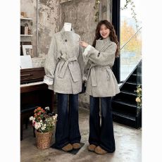 批发秋冬季立领毛呢外套时尚小个子宽松收腰系带加棉保暖呢子大衣