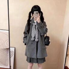 批发【有围巾】韩系小香风灰色毛呢外套女装冬季2025新款小个子大衣