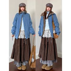 批发日系咖色格子半身裙女秋<b class='q'>冬</b>新款拼接时尚设计感褶皱高腰显瘦a字裙