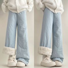 批发羊羔绒东北棉裤女外穿秋冬加绒加厚小个子夹棉阔腿裤保暖防寒裤子