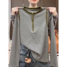批发【21支纯棉】特大码300斤半拉链长袖T恤女<b class='q'>秋</b>撞色打底衫上衣