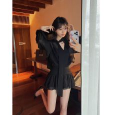 批发<b class='q'>连衣裙</b>女夏季大码胖mm新款<b class='q'>雪纺</b>显瘦短裙黑裙气质性感V领长袖衬衫