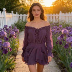 批发夏季收腰显瘦气质衬衣设计感露肩小<b class='q'>上衣</b>一字领紫色<b class='q'>长袖</b><b class='q'>雪纺</b>衬衫女