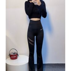 批发夏季薄款紧身收腹网纱口袋新款微喇鲨鱼裤女外穿瑜伽裤喇叭裤