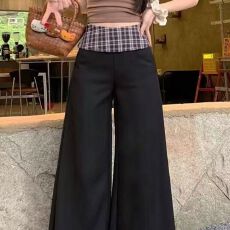 批发黑色格子拼接西装阔腿裤女2025薄款宽松小个子垂感高级感休闲长裤