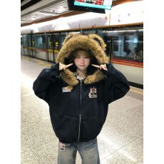 批发【纯棉华棉复合毛领卡通<b class='q'>小熊</b>刺绣连帽<b class='q'>卫衣</b>女秋冬加绒宽松开衫外套