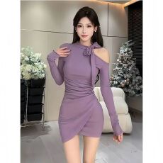 批发纯欲风<b class='q'>露肩</b>蝴蝶结长袖<b class='q'>连衣裙</b>春季新款法式辣妹气质收腰包臀短裙女