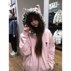 批发纯棉华棉复合 <b class='q'>可爱</b>猫咪耳朵豹纹内里连帽卫衣女秋冬加绒