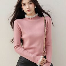 批发【<b class='q'>包</b><b class='q'>芯</b>纱】减龄辣妹蕾<b class='q'>丝</b>立领正肩内搭长袖秋季修身针织打底衫上衣