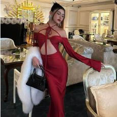 批发OUTFlT 欧美辣妹风镂空露背系带挂脖<b class='q'>连衣裙</b>2025性感修身包臀长裙