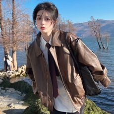 批发高级设计感pu皮衣美拉德复面包服古外套2025新款上衣女小个子外套