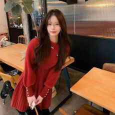 批发【本命年新年红】水貂绒秋冬连衣裙收腰显瘦中长款裙<b class='q'>甜美</b>针织内搭