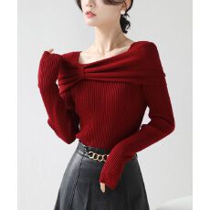 本命年新年红新款法式波点丝巾蝴蝶结长袖针织衫露肩打底上衣