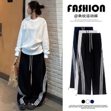 批发美式复古斜条纹阔腿裤女2026春秋新款裤子宽松休闲黑色美式运动裤
