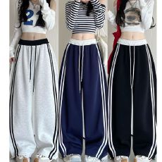 批发复古运动裤女2026新款春秋高腰宽松阔腿裤慵懒风撞色拼接卫裤