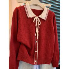 秋冬红白拼色翻领系带蝴蝶结针织春款开衫女宽松时尚减龄百搭上衣