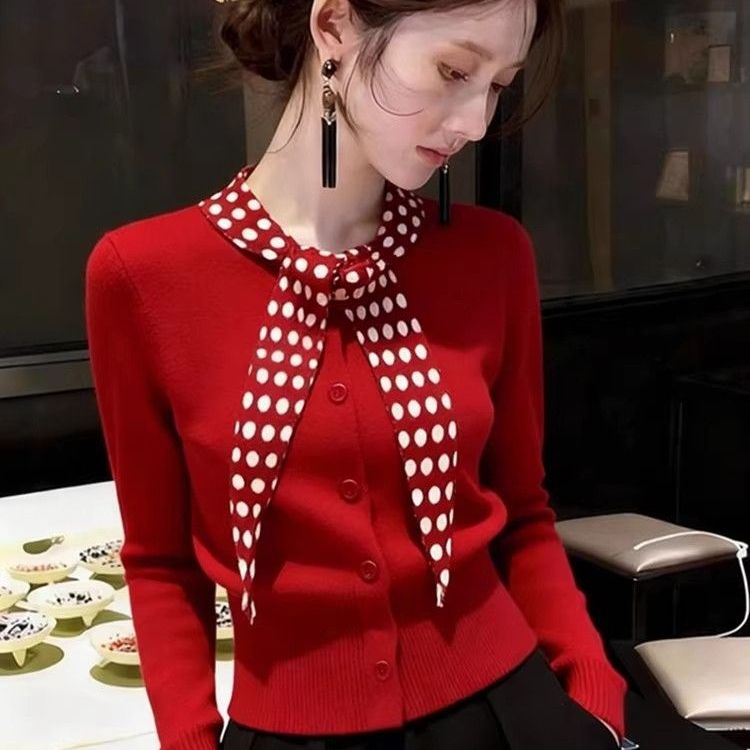 MY17355# 安迪绒小香风红色波点丝巾领毛衣女新年内搭可外穿开衫针织上...