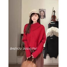 批发慵懒不规则高领蝙蝠袖斗篷针织衫女秋冬软糯<b class='q'>宽松</b>百搭毛衣