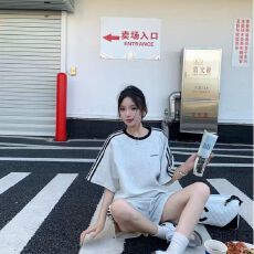 批发美式纯棉休闲<b class='q'>运动服</b>套装女夏学生宽松<b class='q'>韩版</b>时尚短袖短裤跑步两件套