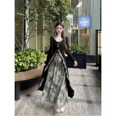 批发大码新中式国风假两件连衣裙女装秋季梨形身材裙子胖MM显瘦A字裙