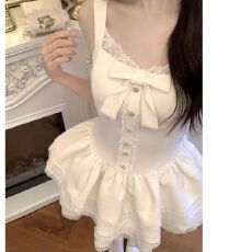 批发小个子甜美法式米白色开衫2025春夏白色蓬蓬蛋糕连衣<b class='q'>背心</b>裙两件套