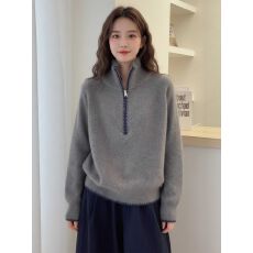 批发小众别致半拉链套头撞色灰色毛衣女冬季慵懒<b class='q'>通勤</b>百搭长袖针织衫