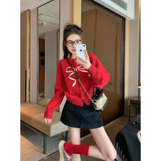 批发红色蝴蝶结针织开衫女2026新款秋冬季加厚小个子短款内搭毛衣外套