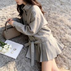 批发高级感风衣外套2026超火的早秋简约小个子气质<b class='q'>条纹</b>立领百褶裙风衣