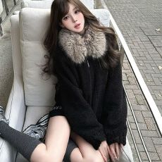 批发【加厚500克羊羔绒复合麂皮+大毛领】<b class='q'>皮毛</b><b class='q'>一体</b>新黑色加厚毛毛外套