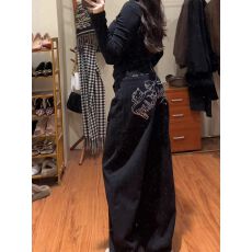 批发亮钻猫咪高腰宽松阔腿牛仔裤女秋<b class='q'>冬</b>百搭松弛慵懒慵懒长裤