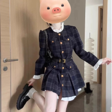 批发秋季新款韩版时尚修身显瘦法式荷叶边名媛高级感立领金扣连衣裙女