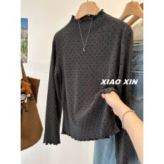 批发【德绒】特<b class='q'>大码</b>300斤洋气内搭小波点木耳半高领磨毛长袖T恤女