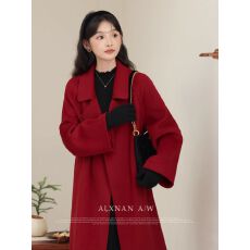 批发毛呢大衣女红色小个子<b class='q'>中长款</b>2025秋冬新款过膝羊毛毛呢外套
