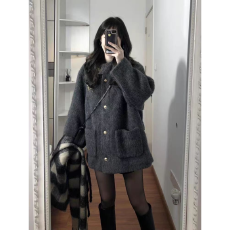 批发深灰色毛呢外套女2026秋<b class='q'>冬</b>新款韩版高级感宽松小个子连帽呢子大衣